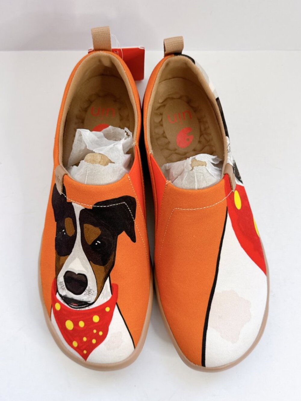 Mens Size 8 NWT UIN Jack Russell Terrier Dog Canvas Slip-On Shoes Orange
